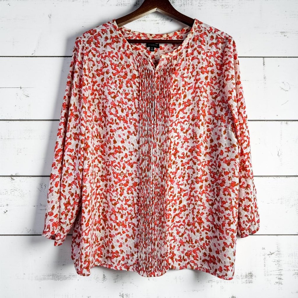 Talbots‎ XL Blouse Coral Pink Abstract Pintuck Long Sleeve Split Neck Top Flowy